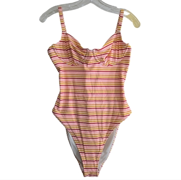 Aerie Striped Open Back Open Piece Swimsuit Large Pink Red Mustard Yellow - Picture 1 of 6